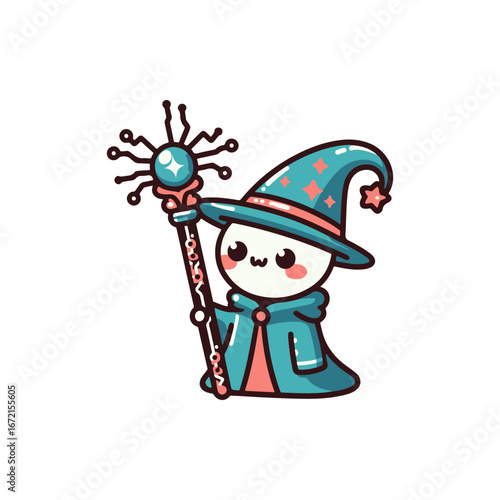 Cute cartoon wizard character holding a magical staff, set against a whimsical fantasy background