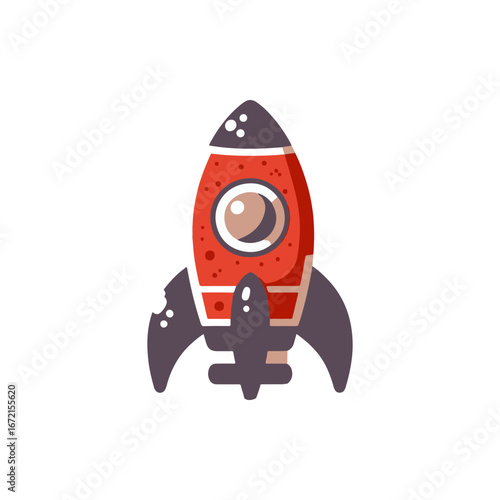 Colorful cartoon rocket ship with a round window and fins, set against a plain background