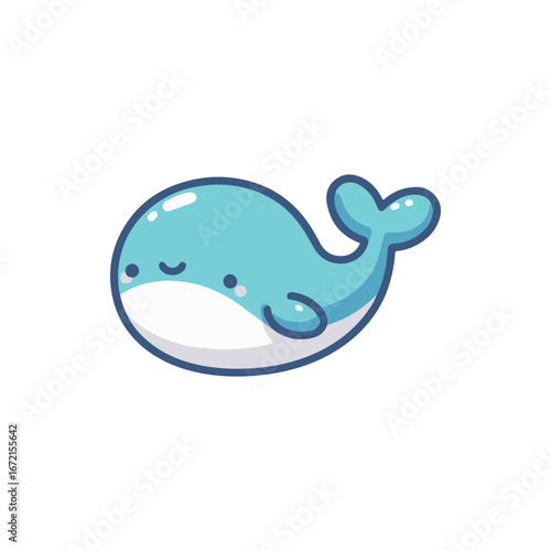 Cute cartoon whale swimming happily in a serene ocean, with soft waves and a clear sky