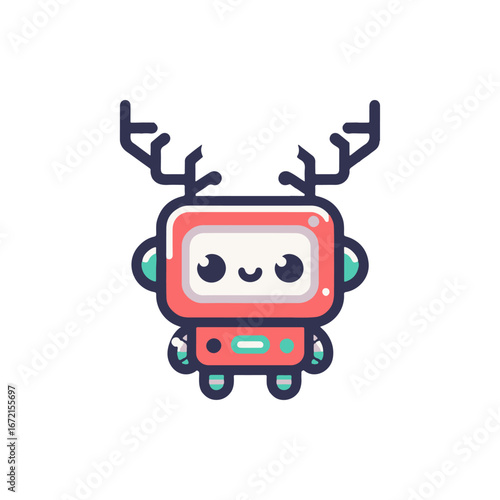 Cute robot character with antlers, smiling cheerfully against a simple white background