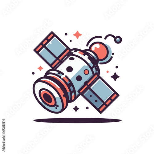 Colorful cartoon-style satellite orbiting in space with stars and planets in the background
