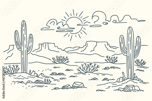 Black and White Vintage Western Desert Illustration with Saguaro Cacti, Mesas, Sun, Clouds, Rocks, Sketchy Ink Hand-Drawn Style