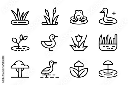 Nature Icons Featuring Wetland Flora and Fauna with Aquatic Animal Illustrations