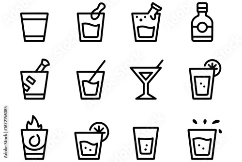 Diverse Line Art Cocktail Icons Representing Various Beverages and Bar Drinks for Design Purposes