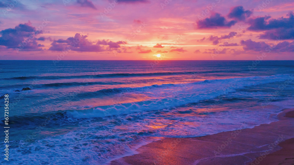 Fototapeta premium Ocean Sunset with Colorful Pink and Blue Clouds Over Dark Water