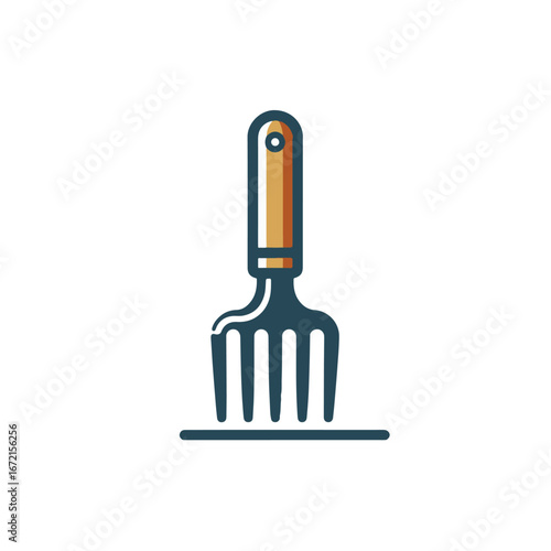 Garden hand tool with a wooden handle used for soil cultivation in a bright outdoor setting