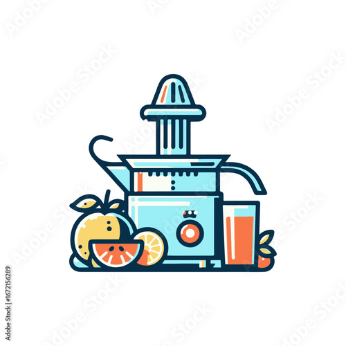 Colorful fruit juicer with oranges and a glass of juice, set in a bright kitchen environment
