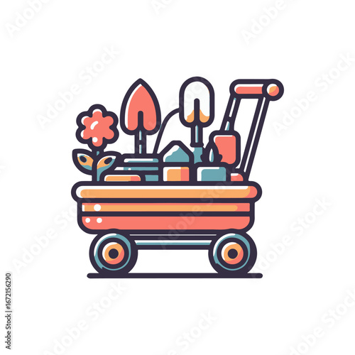 Colorful garden cart filled with tools and flowers, set against a simple white background