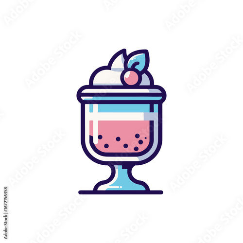 Colorful ice cream sundae in a glass dish topped with whipped cream and a cherry