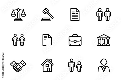 Legal and Justice Icon Set Depicting Law, Agreement, Court, Family, Business and Real Estate