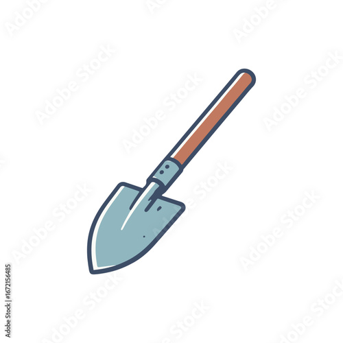 Illustration of a gardening shovel with a wooden handle, set against a clean, white background, ideal for gardening themes