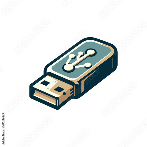 Illustration of a USB flash drive showcasing its connectivity design, isolated on a clean background