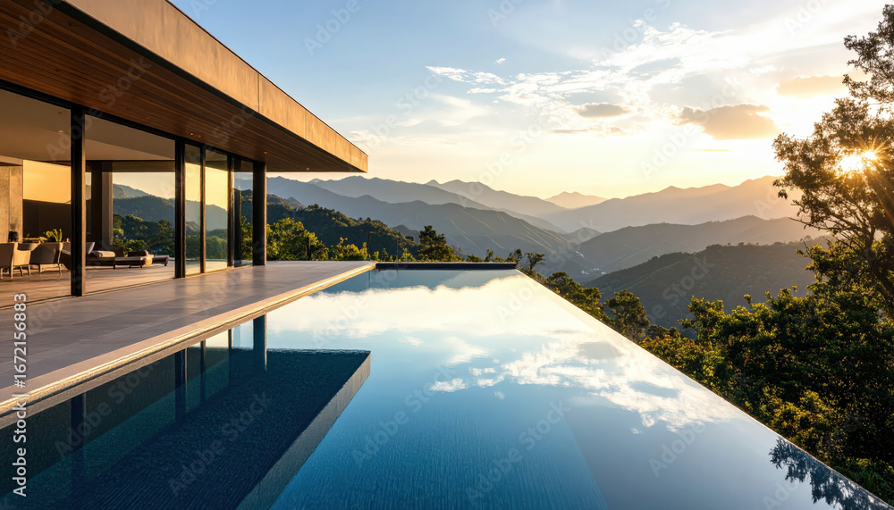 Fototapeta premium Modern house infinity pool mountain sunset reflection sky nature outdoor luxury relaxation calm scenic view