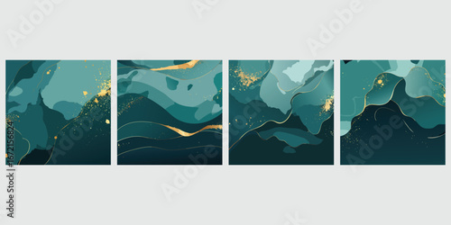 dark teal backgrounds with alcohol ink stains and golden splashes set