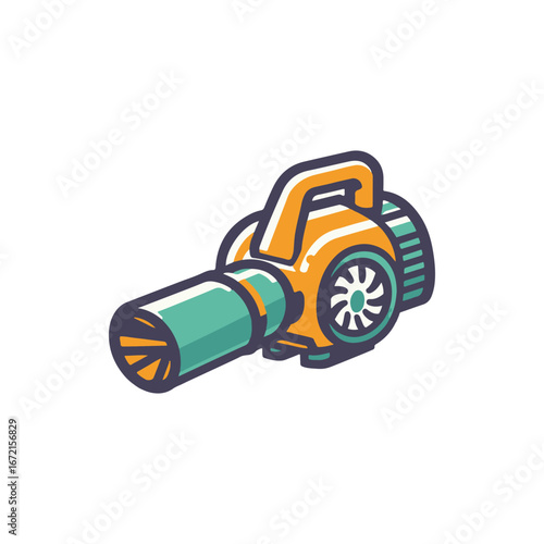 Colorful illustration of a handheld blower used for outdoor cleaning, set against a simple background