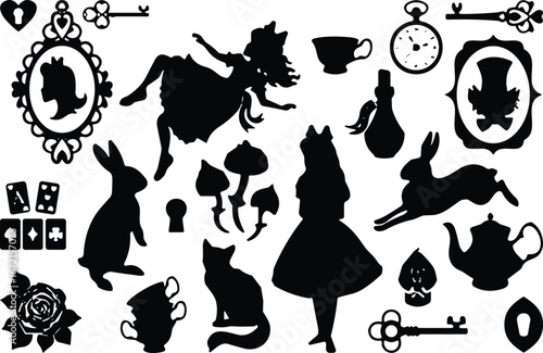 Alice in Wonderland silhouettes, fantasy icons, rabbit, teapot, keyhole, playing cards, mushrooms, drink me bottle, rose, pocket watch, whimsical theme, fairy tale, magical story, surreal elements