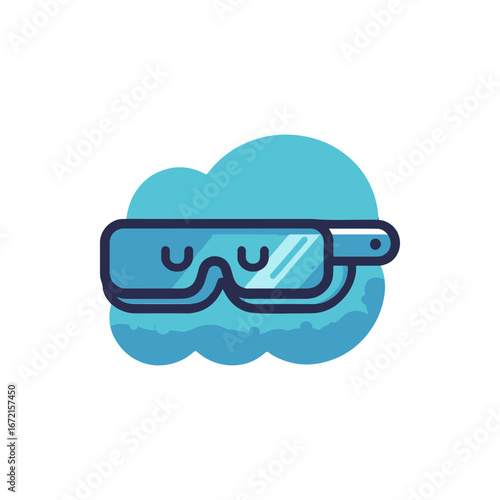 Stylish blue sunglasses resting on a soft cloud background, evoking relaxation and summer vibes
