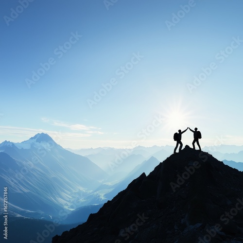 Hikers silhouetted during sunrise giving high five after reaching mountain summit, celebrating accomplishment with misty valley and distant peaks below