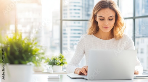 A stylish businesswoman working on a laptop in a modern office environment Free Download A stylish businesswoman working on a laptop in a modern office environment - GFXLoad