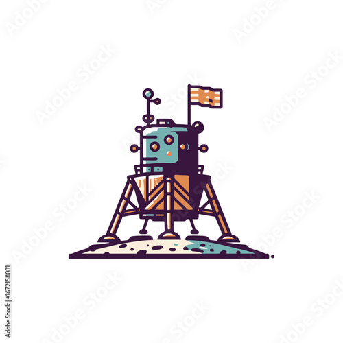 Colorful lunar lander with a flag on the moon's surface, showcasing a whimsical design