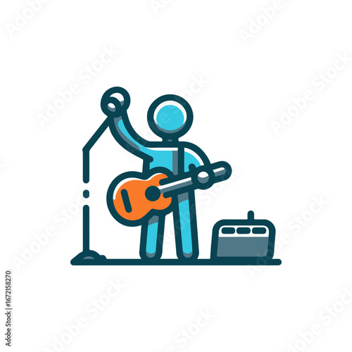 Vibrant illustration of a musician performing on stage with a guitar, microphone, and amplifier