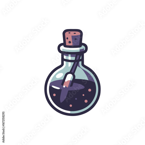 Colorful potion bottle with a cork stopper and stirrer, set against a plain background