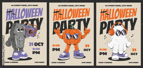 Happy Halloween Party Poster Set. Flyers With Retro Cartoon Characters For Сhildren's Halloween Party. Typography Print Templates.