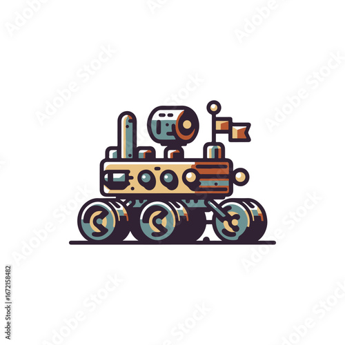 Colorful robotic rover exploring an alien landscape with a flag waving in the background