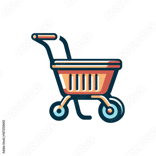 Colorful shopping cart illustration on a white background, representing retail and consumerism