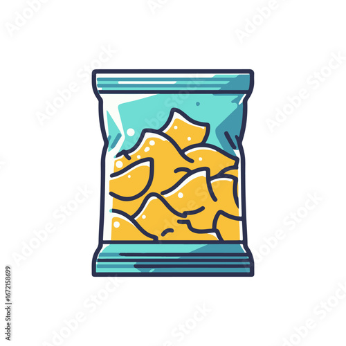 Colorful snack bag filled with crispy chips, set against a simple white background