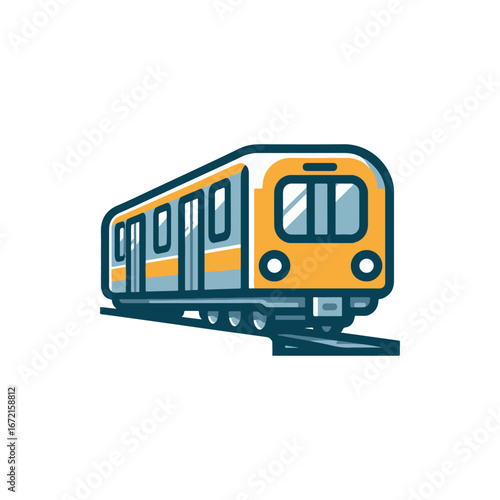 Colorful subway train traveling along elevated tracks with clear blue sky in the background