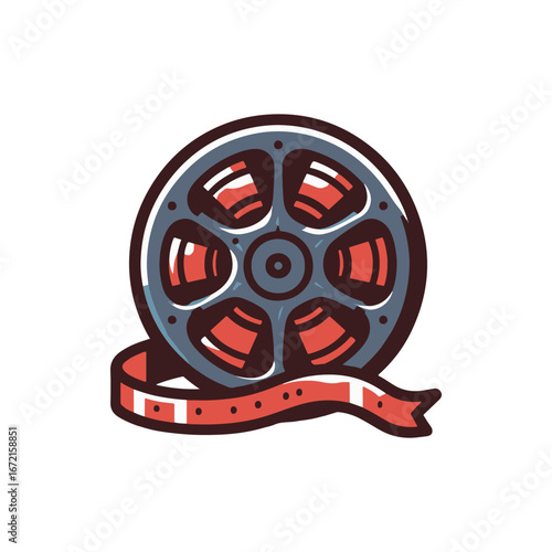 Vintage film reel with red film strip, symbolizing classic cinema and storytelling