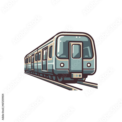 Vintage subway train in motion on tracks, showcasing urban transportation with city skyline