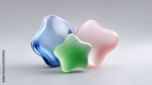 Abstract composition of colorful, glossy shapes on a neutral background, suggestive and minimalistic design.