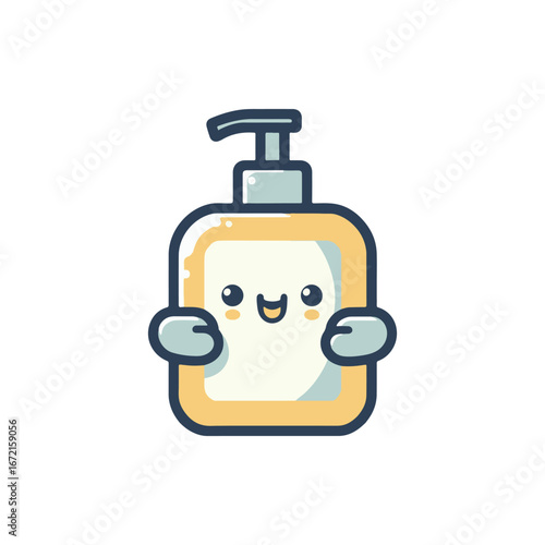 Cute animated bottle of lotion with a smiling face, set against a plain white background