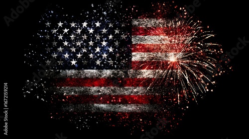 Abstract illustration of the national flag with firework elements, celebrating independence and patriotic themes.