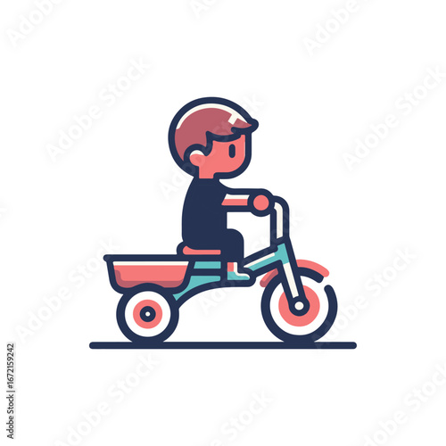 Young child riding a colorful tricycle in a playful outdoor setting with bright surroundings
