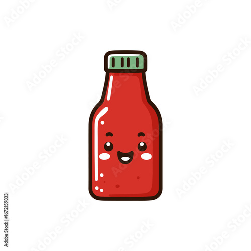 Cute cartoon ketchup bottle with a smiling face, set against a simple white background