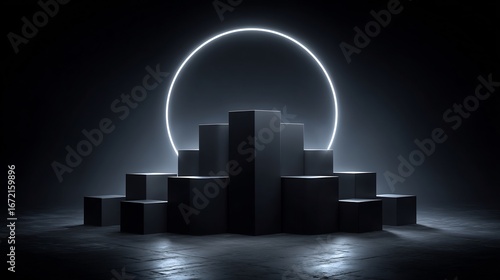 Abstract, Geometric Composition with Illuminated Circle, Cube-Like Shapes, and Moody Lighting, Perfect for Concepts.