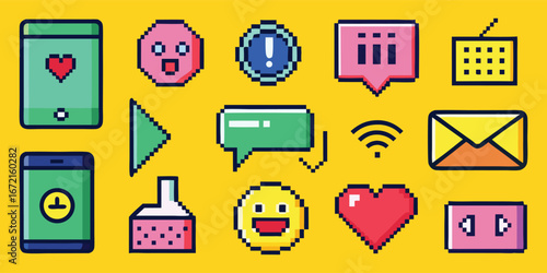 Pixel Art. Social Media. 8-Bit. A retro vector icon set of colorful pixelated social media and communication symbols for a game UI, a website, an app, or a nostalgic 80s-themed design.