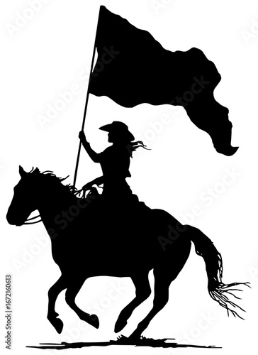 Silhouette of a cowgirl riding a horse and holding a large flag, isolated 