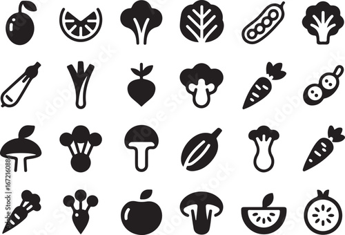Black and white icons of fruits and vegetables arranged in a grid healthy eating