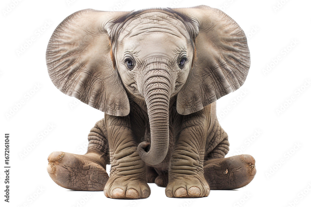Fototapeta premium Adorable baby elephant sitting, looking at camera, cutout png