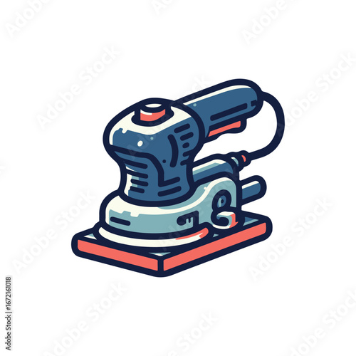 Illustration of an electric sander on a workbench, showcasing woodworking tools in a workshop