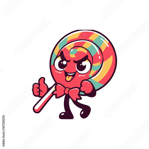 Playful cartoon character holding a colorful lollipop, smiling and giving a thumbs up in a vibrant setting
