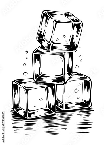Stack of ice cubes with bubbles in black and white line art frozen water