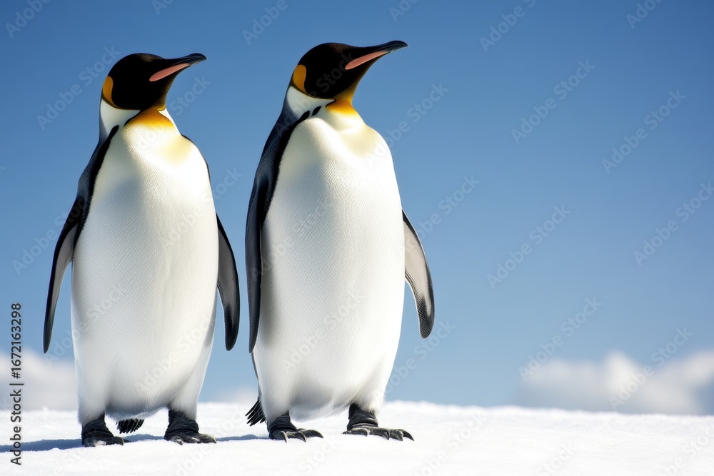 Fototapeta premium Majestic Penguin Duo: A pair of regal penguins stand poised, their sleek black and white plumage contrasting against a crisp blue sky, showcasing the raw beauty of nature.