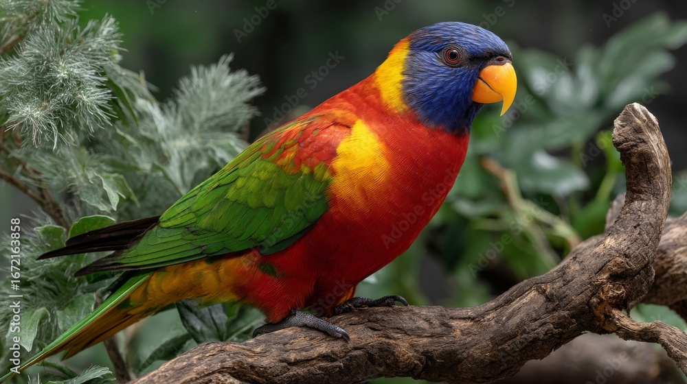 Obraz premium Colorful Parrot with Vivid Plumage Perched on Tree Branch Surrounded by Lush Greenery