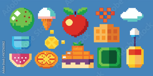 Pixel Art. Food. Game Icons. A retro 8-bit vector collection of colorful food and drink icons for a video game UI, a fun menu, a creative poster, or a nostalgic 80s-themed design.