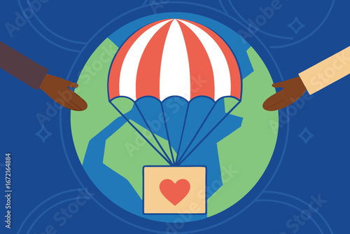 Global Aid Delivery with Parachute and Hands Reaching Out to Earth globe